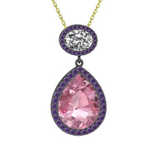 Lupine Kolye - Pembe kuvars, beyaz zirkon ve ametist 925 ayar siyah rodyum kaplama gümüş kolye (40 cm altın rolo zincir) #1xud2y9