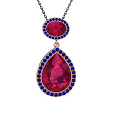 Rodolit garnet ve lab safir 18 ayar rose altın kolye (40 cm gümüş rolo zincir)