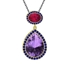 Ametist, rodolit garnet ve lab safir 925 ayar altın kaplama gümüş kolye (40 cm gümüş rolo zincir)