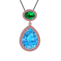 Akuamarin, yeşil kuvars ve pembe kuvars 925 ayar rose altın kaplama gümüş kolye (40 cm gümüş rolo zincir)