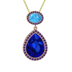 Lab safir, akuamarin ve ametist 18 ayar rose altın kolye (40 cm altın rolo zincir)