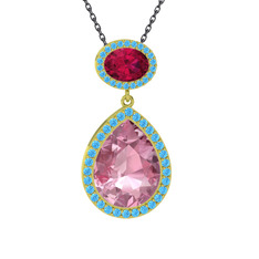 Pembe kuvars, rodolit garnet ve akuamarin 14 ayar altın kolye (40 cm gümüş rolo zincir)