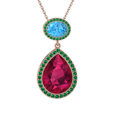 Rodolit garnet, akuamarin ve yeşil kuvars 925 ayar rose altın kaplama gümüş kolye (40 cm rose altın rolo zincir)