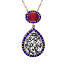 Lupine Kolye - Beyaz zirkon, rodolit garnet ve lab safir 8 ayar rose altın kolye (40 cm rose altın rolo zincir) #3shaih
