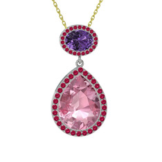 Lupine Kolye - Pembe kuvars, ametist ve rodolit garnet 8 ayar beyaz altın kolye (40 cm altın rolo zincir) #3xudur