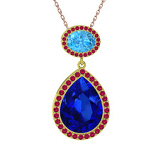 Lab safir, akuamarin ve rodolit garnet 14 ayar altın kolye (40 cm rose altın rolo zincir)