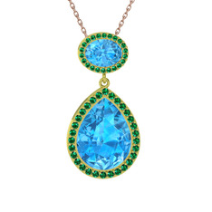 Akuamarin ve yeşil kuvars 18 ayar altın kolye (40 cm rose altın rolo zincir)