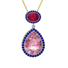 Pembe kuvars, rodolit garnet ve lab safir 8 ayar beyaz altın kolye (40 cm altın rolo zincir)