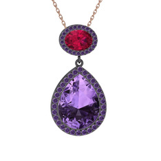 Lupine Kolye - Ametist ve rodolit garnet 925 ayar siyah rodyum kaplama gümüş kolye (40 cm rose altın rolo zincir) #53s5ig