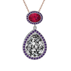 Lupine Kolye - Beyaz zirkon, rodolit garnet ve ametist 18 ayar beyaz altın kolye (40 cm rose altın rolo zincir) #5ajtg1