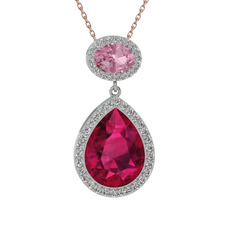 Rodolit garnet, pembe kuvars ve beyaz zirkon 14 ayar beyaz altın kolye (40 cm rose altın rolo zincir)