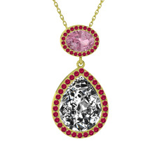Lupine Kolye - Beyaz zirkon, pembe kuvars ve rodolit garnet 14 ayar altın kolye (40 cm gümüş rolo zincir) #5h0d8y