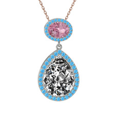 Beyaz zirkon, pembe kuvars ve akuamarin 18 ayar beyaz altın kolye (40 cm rose altın rolo zincir)