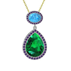 Yeşil kuvars, akuamarin ve ametist 14 ayar beyaz altın kolye (40 cm altın rolo zincir)