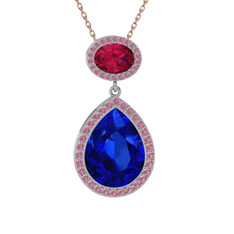 Lab safir, rodolit garnet ve pembe kuvars 14 ayar beyaz altın kolye (40 cm gümüş rolo zincir)