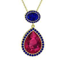 Lupine Kolye - Rodolit garnet ve lab safir 14 ayar altın kolye (40 cm altın rolo zincir) #5x9cm0
