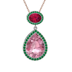 Pembe kuvars, rodolit garnet ve yeşil kuvars 14 ayar beyaz altın kolye (40 cm gümüş rolo zincir)