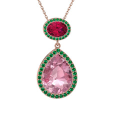 Lupine Kolye - Pembe kuvars, rodolit garnet ve yeşil kuvars 18 ayar rose altın kolye (40 cm gümüş rolo zincir) #6d5v01
