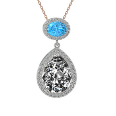 Beyaz zirkon ve akuamarin 18 ayar beyaz altın kolye (40 cm rose altın rolo zincir)