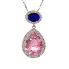 Pembe kuvars, lab safir ve beyaz zirkon 925 ayar rose altın kaplama gümüş kolye (40 cm beyaz altın rolo zincir)
