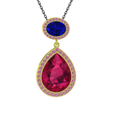 Lupine Kolye - Rodolit garnet, lab safir ve pembe kuvars 14 ayar altın kolye (40 cm gümüş rolo zincir) #7ul2n7