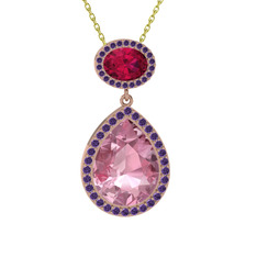 Pembe kuvars, rodolit garnet ve ametist 14 ayar rose altın kolye (40 cm altın rolo zincir)