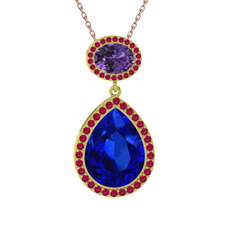 Lab safir, ametist ve rodolit garnet 18 ayar altın kolye (40 cm rose altın rolo zincir)