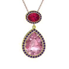 Pembe kuvars, rodolit garnet ve ametist 18 ayar altın kolye (40 cm gümüş rolo zincir)