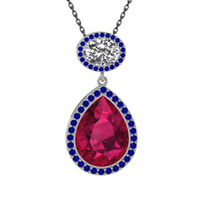 Rodolit garnet, beyaz zirkon ve lab safir 925 ayar gümüş kolye (40 cm gümüş rolo zincir)