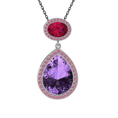 Ametist, rodolit garnet ve pembe kuvars 8 ayar beyaz altın kolye (40 cm gümüş rolo zincir)
