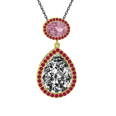 Lupine Kolye - Beyaz zirkon, pembe kuvars ve rodolit garnet 8 ayar altın kolye (40 cm gümüş rolo zincir) #91iki5