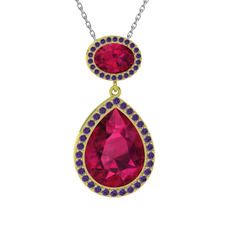 Rodolit garnet ve ametist 18 ayar altın kolye (40 cm beyaz altın rolo zincir)