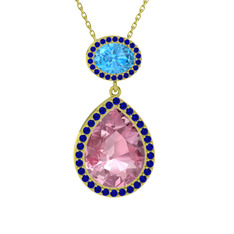 Lupine Kolye - Pembe kuvars, akuamarin ve lab safir 8 ayar altın kolye (40 cm altın rolo zincir) #9nznar