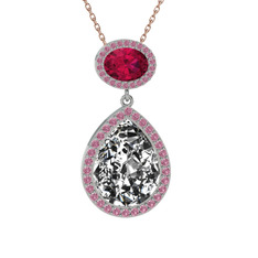 Beyaz zirkon, rodolit garnet ve pembe kuvars 18 ayar beyaz altın kolye (40 cm gümüş rolo zincir)