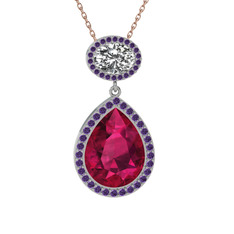 Lupine Kolye - Rodolit garnet, beyaz zirkon ve ametist 18 ayar beyaz altın kolye (40 cm rose altın rolo zincir) #a2vgtz