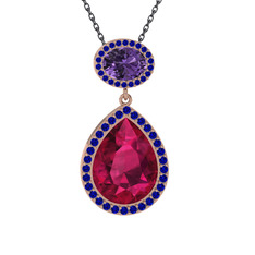 Lupine Kolye - Rodolit garnet, ametist ve lab safir 14 ayar rose altın kolye (40 cm gümüş rolo zincir) #afx0ad