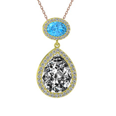 Beyaz zirkon ve akuamarin 14 ayar altın kolye (40 cm rose altın rolo zincir)