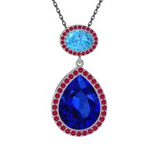 Lab safir, akuamarin ve rodolit garnet 8 ayar beyaz altın kolye (40 cm gümüş rolo zincir)