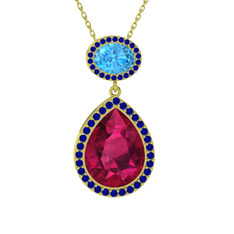 Rodolit garnet, akuamarin ve lab safir 8 ayar altın kolye (40 cm gümüş rolo zincir)