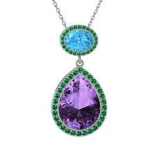 Ametist, akuamarin ve yeşil kuvars 18 ayar beyaz altın kolye (40 cm beyaz altın rolo zincir)