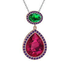 Lupine Kolye - Rodolit garnet, yeşil kuvars ve ametist 8 ayar rose altın kolye (40 cm gümüş rolo zincir) #c5hexj