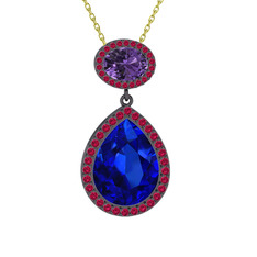 Lupine Kolye - Lab safir, ametist ve rodolit garnet 925 ayar siyah rodyum kaplama gümüş kolye (40 cm altın rolo zincir) #c87nf7