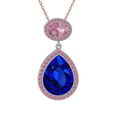 Lab safir ve pembe kuvars 14 ayar beyaz altın kolye (40 cm rose altın rolo zincir)