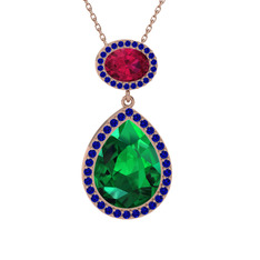 Lupine Kolye - Yeşil kuvars, rodolit garnet ve lab safir 14 ayar rose altın kolye (40 cm gümüş rolo zincir) #csc1id