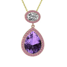 Lupine Kolye - Ametist, beyaz zirkon ve pembe kuvars 14 ayar rose altın kolye (40 cm altın rolo zincir) #cz6r76