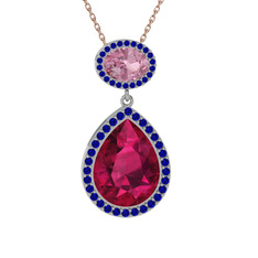 Lupine Kolye - Rodolit garnet, pembe kuvars ve lab safir 18 ayar beyaz altın kolye (40 cm rose altın rolo zincir) #czakp9