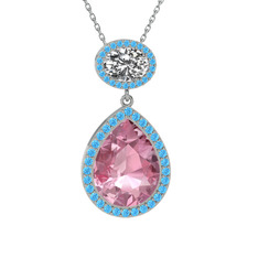 Lupine Kolye - Pembe kuvars, beyaz zirkon ve akuamarin 14 ayar beyaz altın kolye (40 cm beyaz altın rolo zincir) #dcyn8g