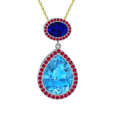 Akuamarin, lab safir ve rodolit garnet 8 ayar beyaz altın kolye (40 cm altın rolo zincir)