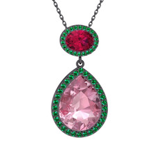 Lupine Kolye - Pembe kuvars, rodolit garnet ve yeşil kuvars 925 ayar siyah rodyum kaplama gümüş kolye (40 cm gümüş rolo zincir) #dmdun6