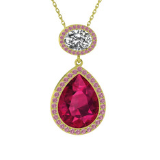 Lupine Kolye - Rodolit garnet, beyaz zirkon ve pembe kuvars 18 ayar altın kolye (40 cm altın rolo zincir) #dn35g7